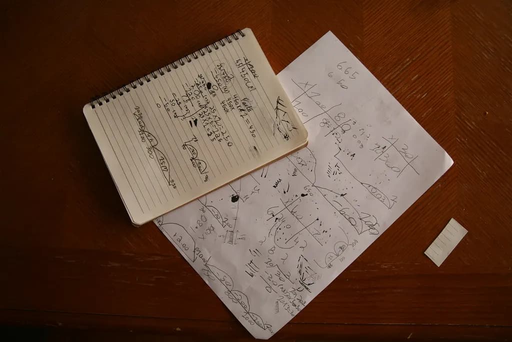 A spiral notebook and a worksheet covered in handwritten long-division and arithmetic working on a wooden table
