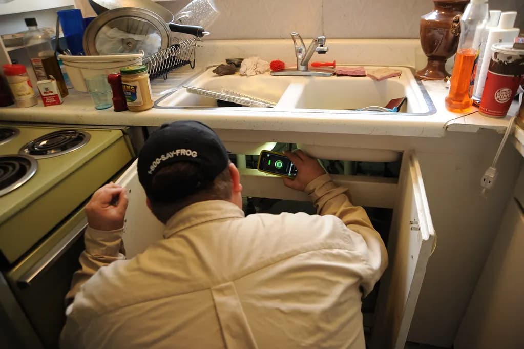 A pest control technician kneels and uses a flashlight to inspect the cabinet under a kitchen sink