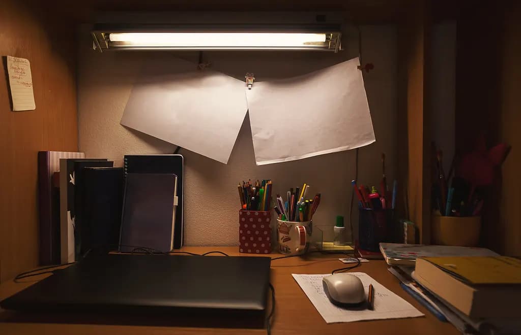 A small home office desk with a laptop, notebook and lamp