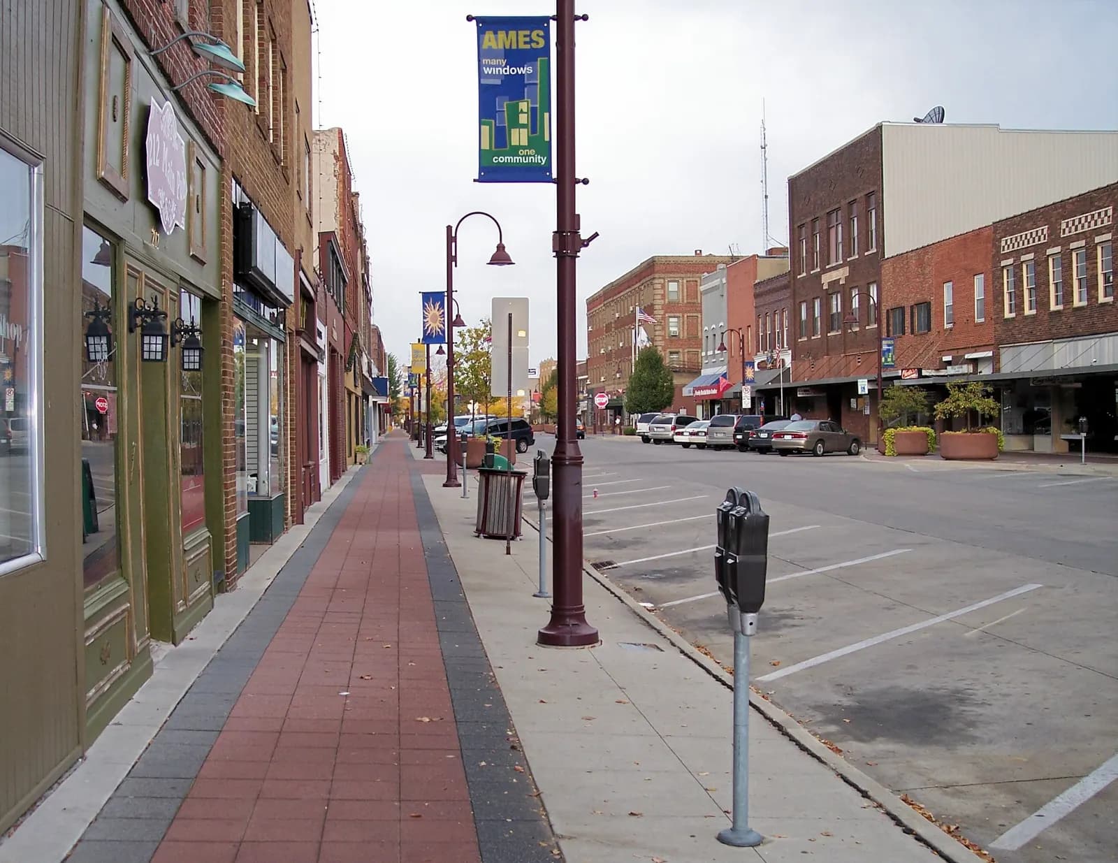 Shops along Main Street in downtown Ames, Iowa