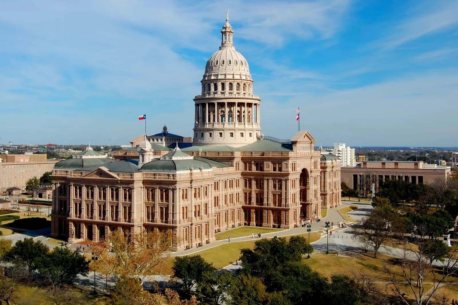 The Texas State Capitol building in Austin under a clear sky