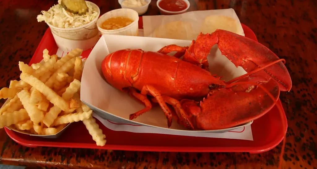 A boiled Maine lobster with fries and coleslaw on a restaurant tray