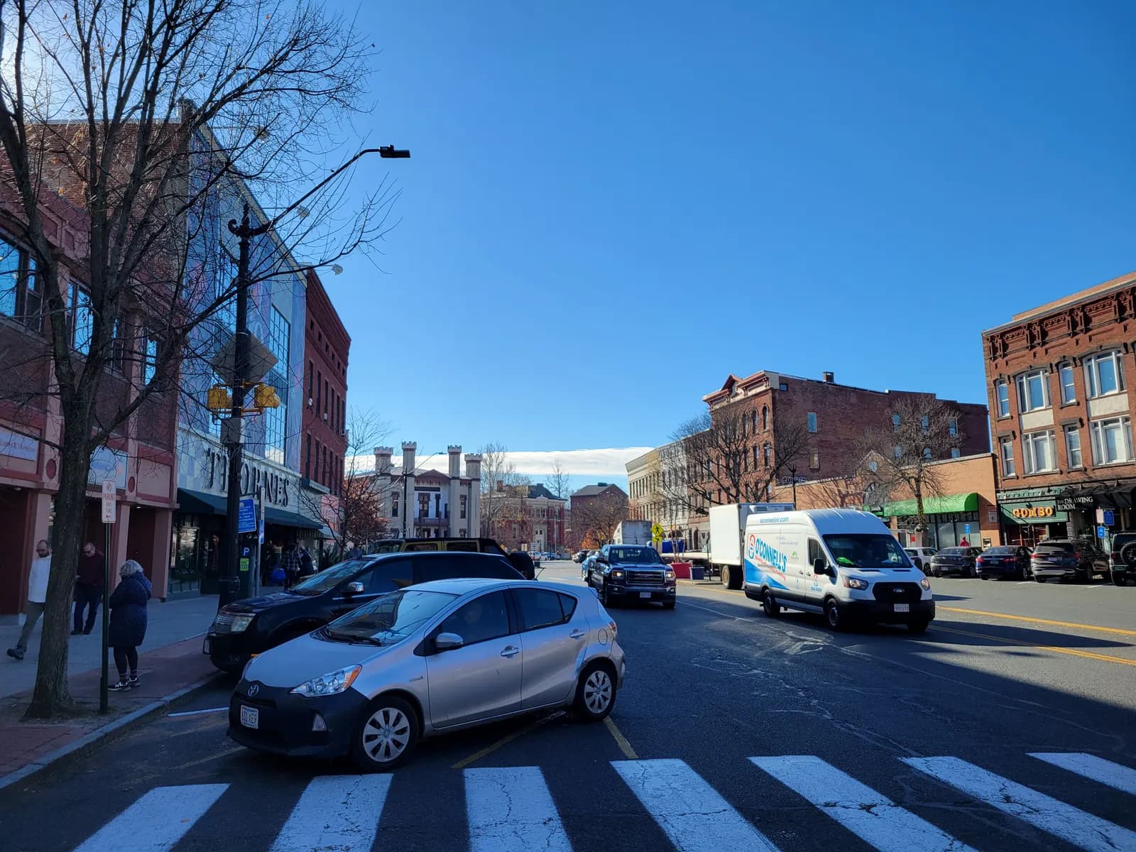 Shops and brick buildings along Main Street in Northampton, Massachusetts