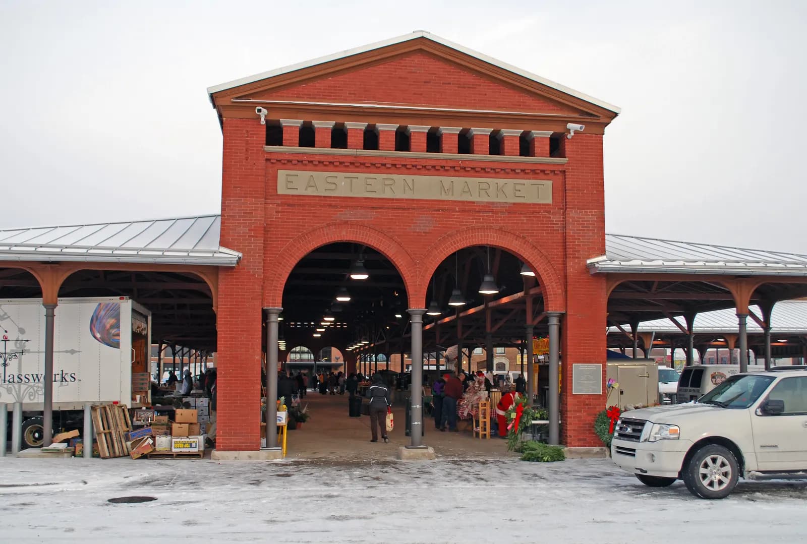The red brick facade of Shed 2 at Detroit's Eastern Market