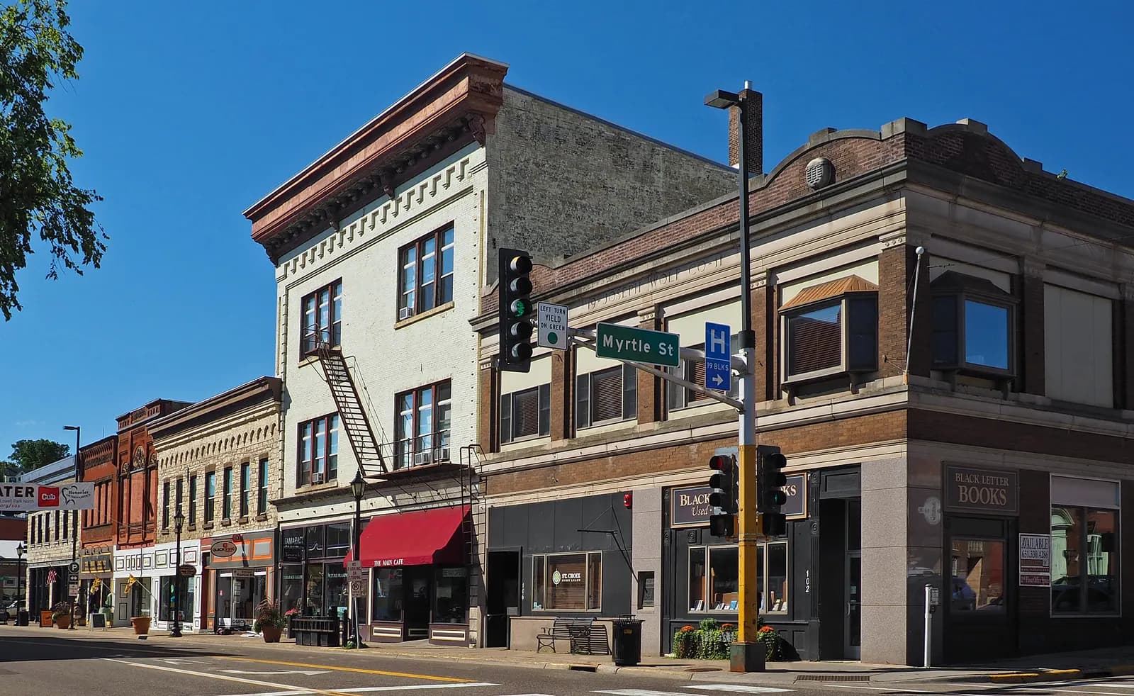 Historic brick storefronts at Main and Myrtle streets in downtown Stillwater, Minnesota