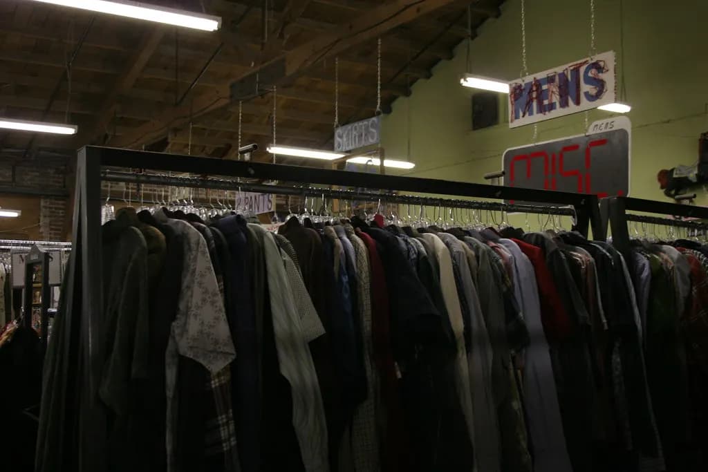 Racks of secondhand men's shirts and jackets in a clothing store