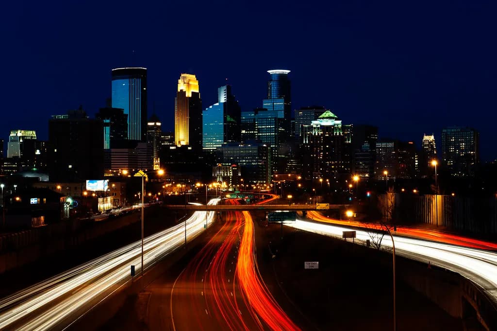 The downtown Minneapolis skyline at dusk