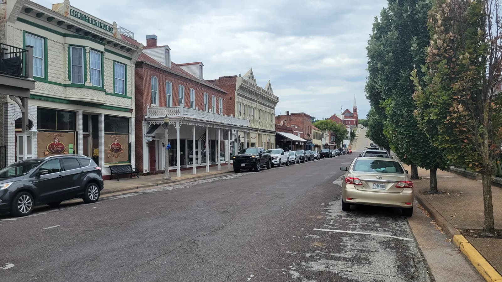 Nineteenth-century brick buildings along East 4th Street in Hermann, Missouri