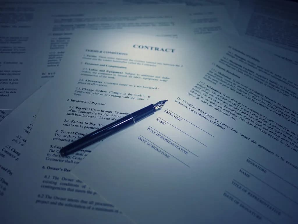Printed contract with signature, name and date lines and a fountain pen resting on the pages