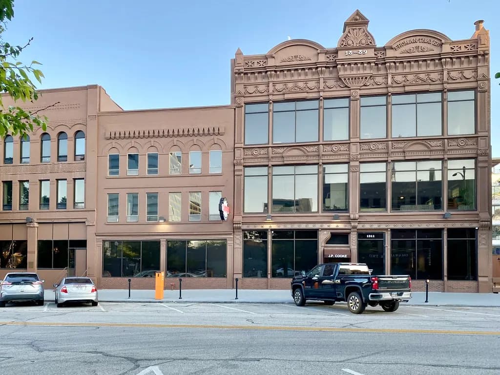 Brick buildings along Howard Street in downtown Omaha, Nebraska