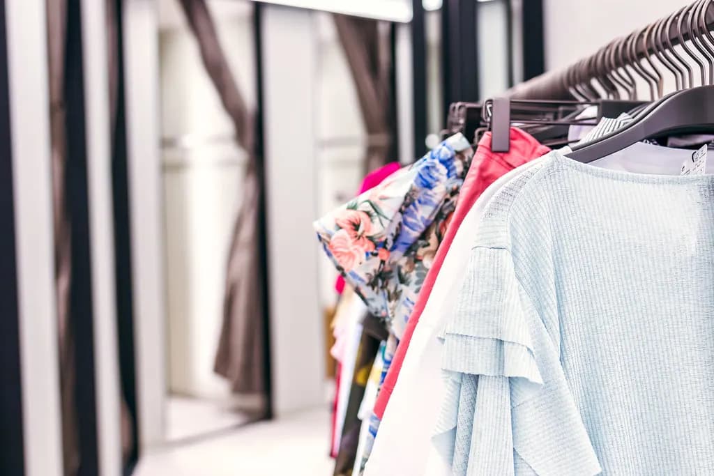 Rack of women's blouses and dresses on hangers in a clothing store
