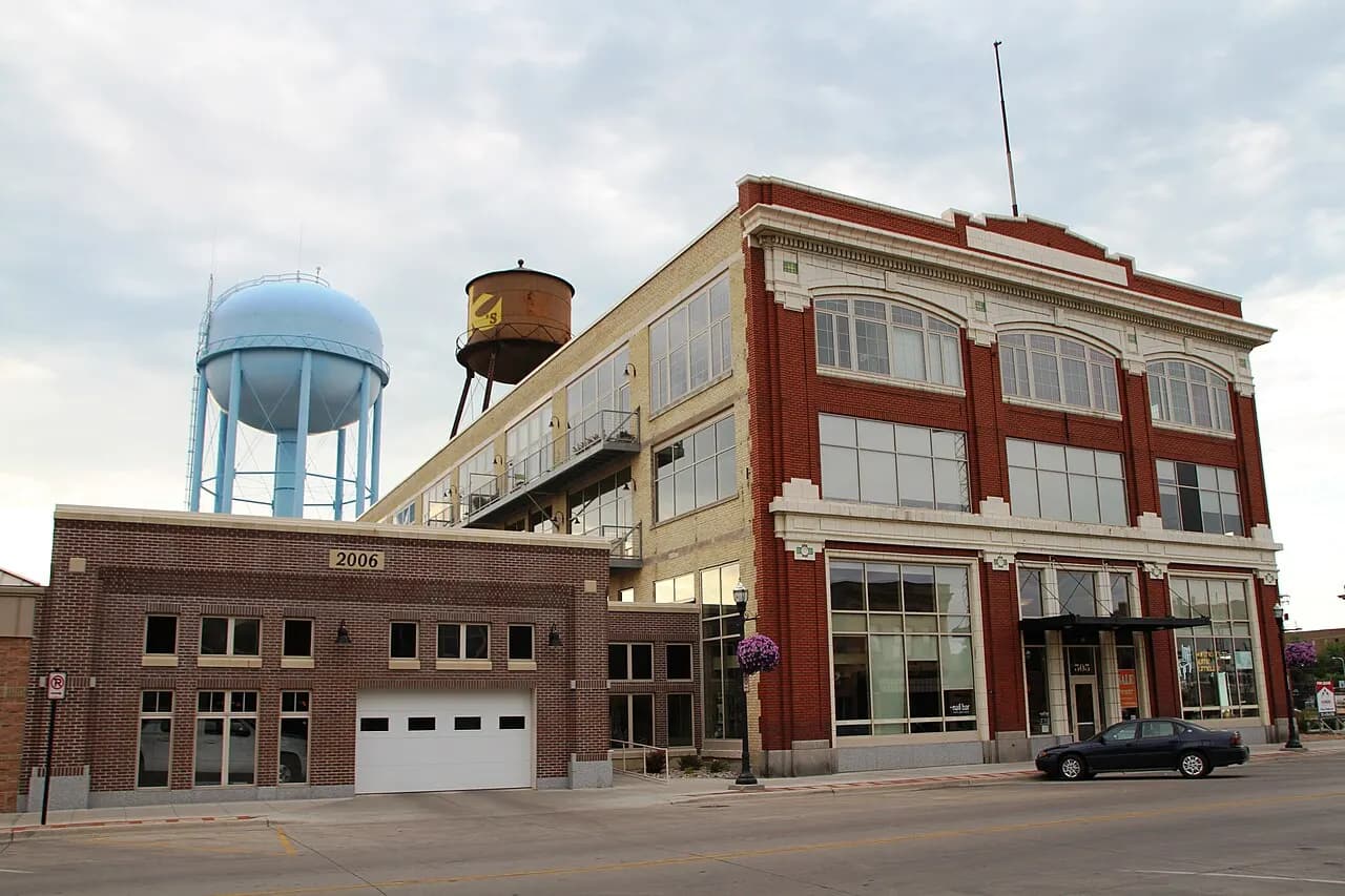 Brick commercial buildings and water towers on North Broadway in downtown Fargo