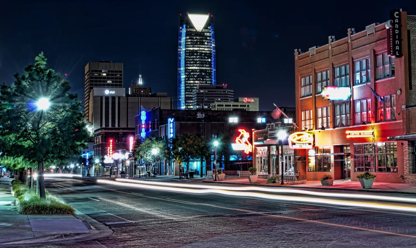 Restored brick buildings along Automobile Alley on North Broadway in Oklahoma City