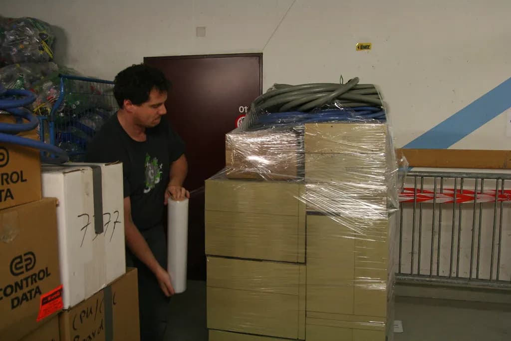Worker shrink-wrapping a stacked pallet of cartons in a loading area