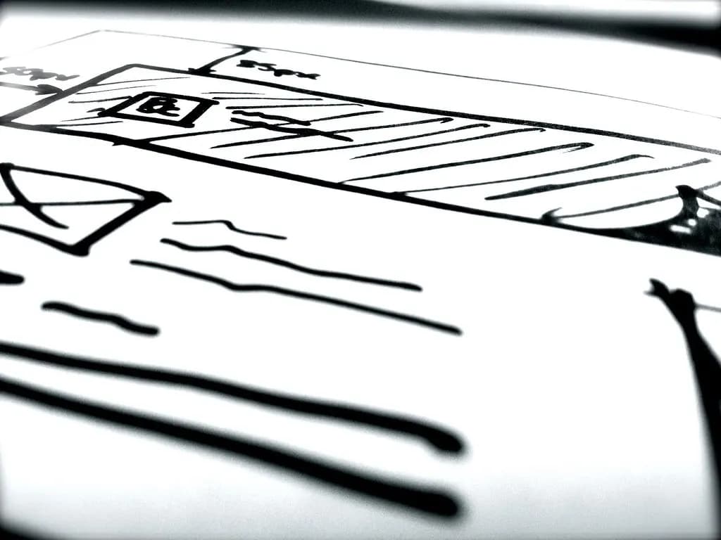 A hand-drawn website wireframe on paper showing a header bar, logo box, image placeholder and lines of text