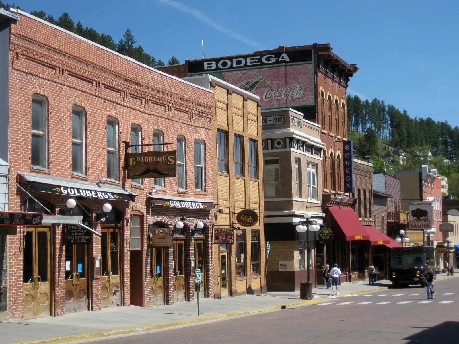 Historic brick storefronts along Main Street in Deadwood, South Dakota