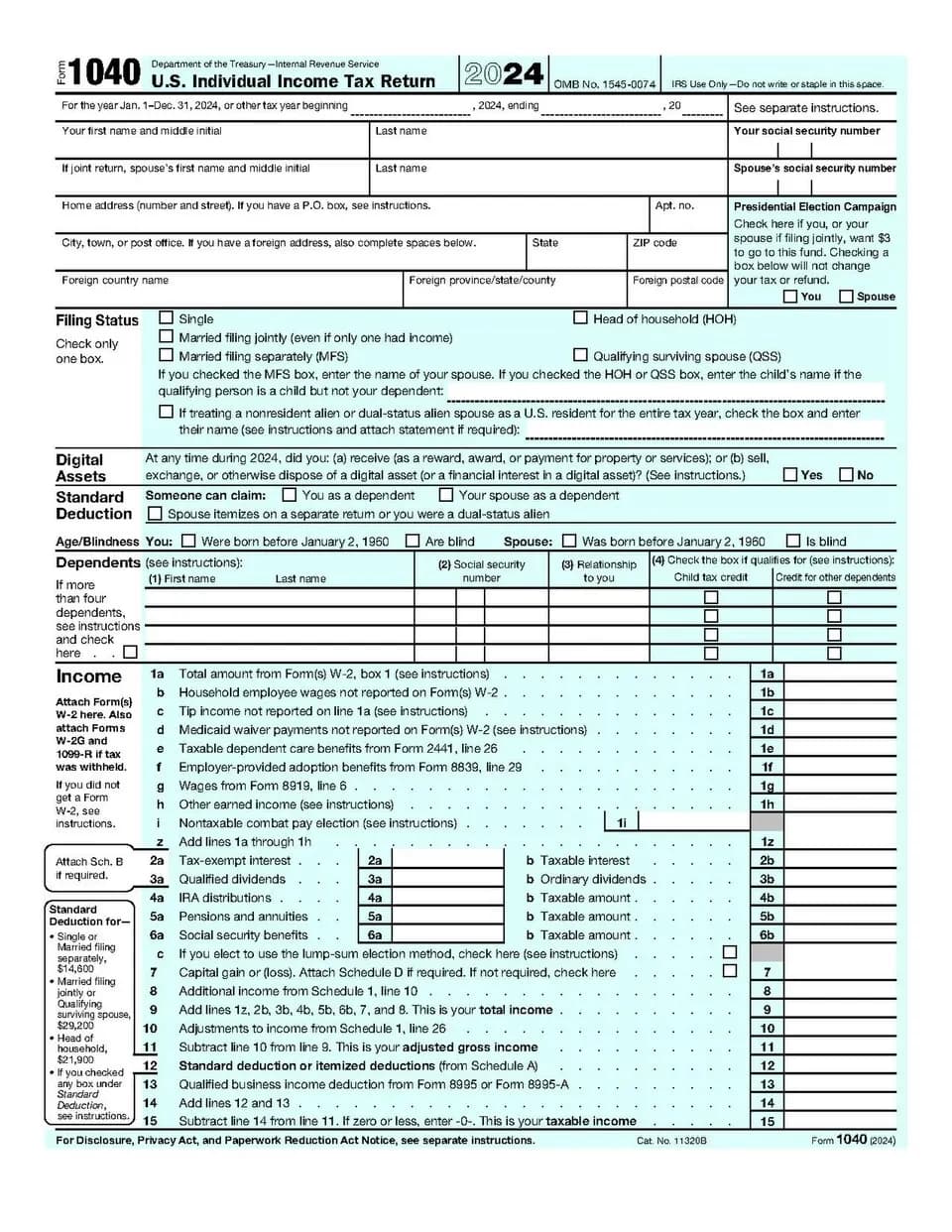 First page of IRS Form 1040, the individual return that carries Schedule C profit for sole proprietors and single-member LLCs