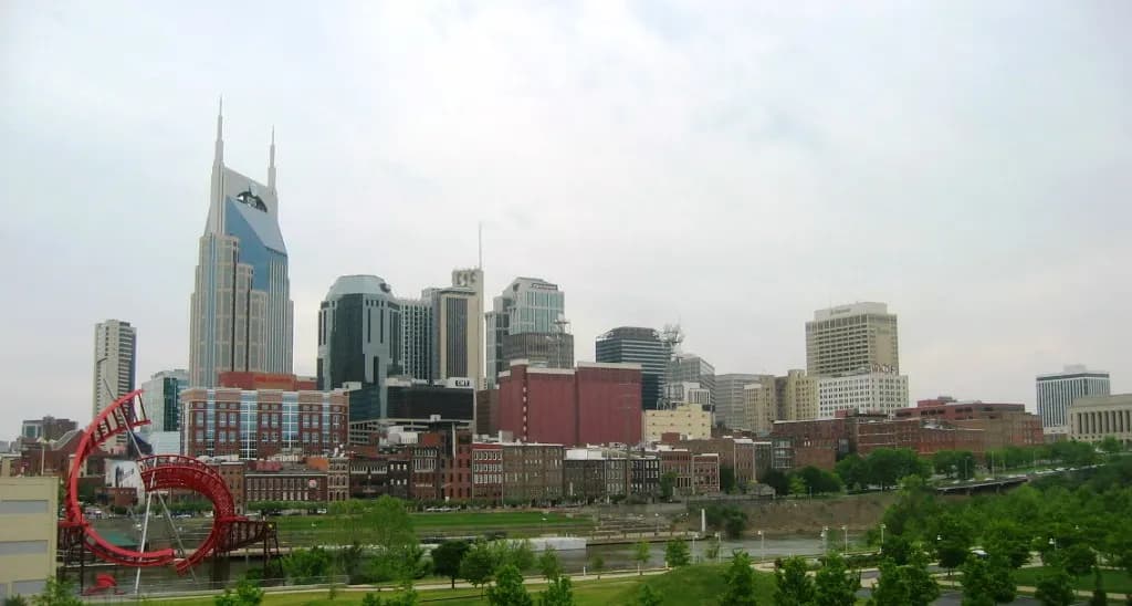 The downtown Nashville skyline seen across the Cumberland River