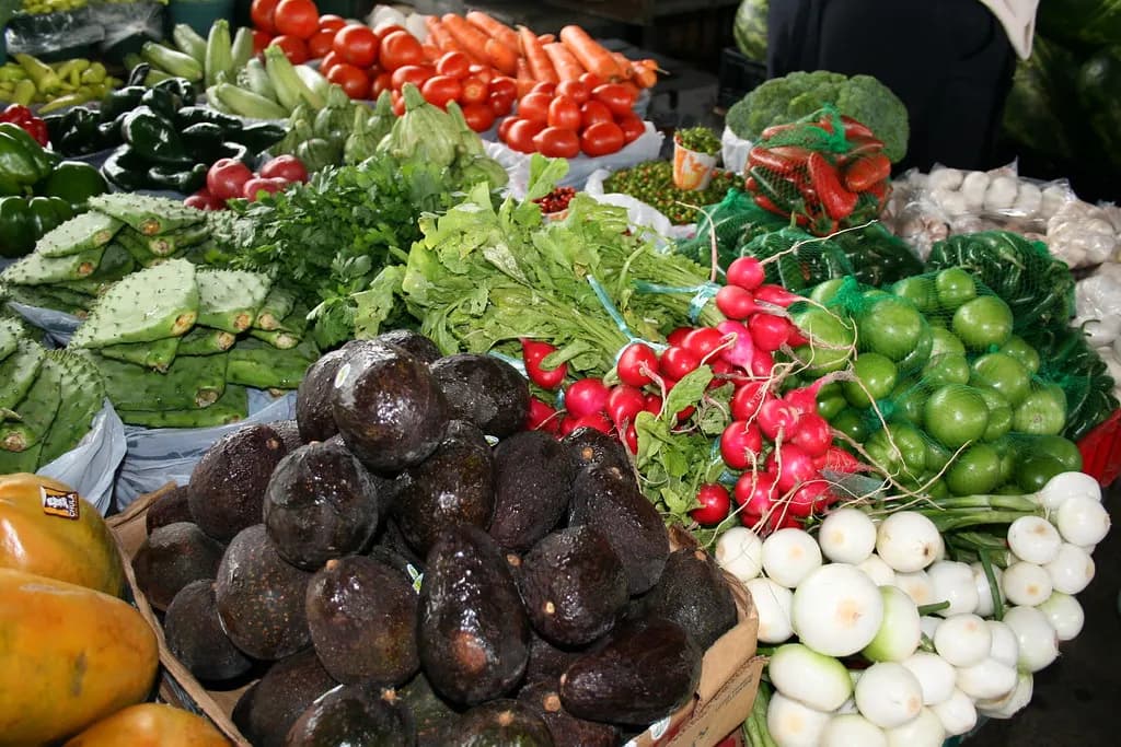 Avocados, radishes, onions, tomatillos and other fresh produce stacked at the Houston Farmers Market