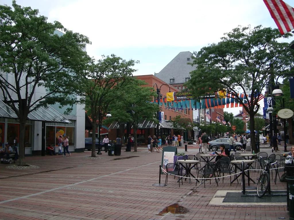Shoppers on the Church Street Marketplace pedestrian mall in Burlington, Vermont