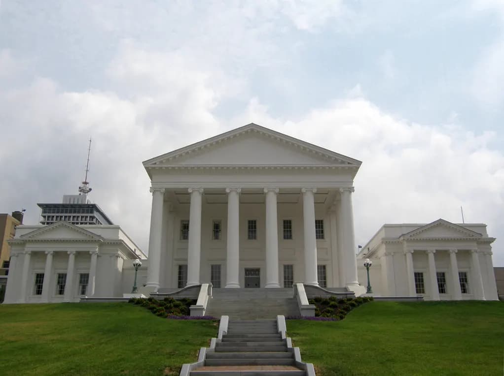 The Virginia State Capitol in Richmond, a white temple-style building with columns