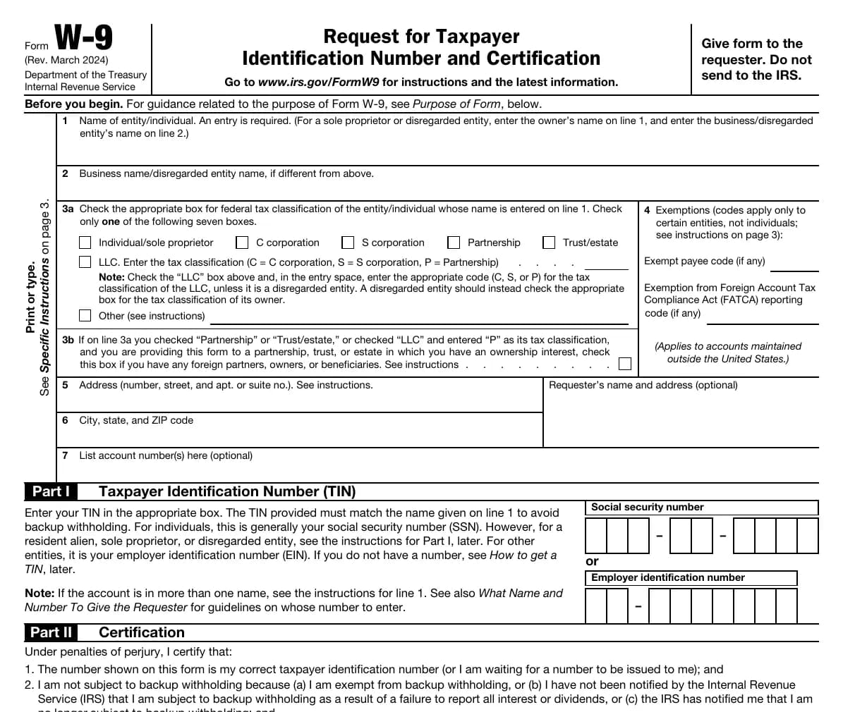 Top half of IRS Form W-9 (Rev. March 2024) showing lines 1 to 7, Part I for the taxpayer identification number and the start of Part II certification
