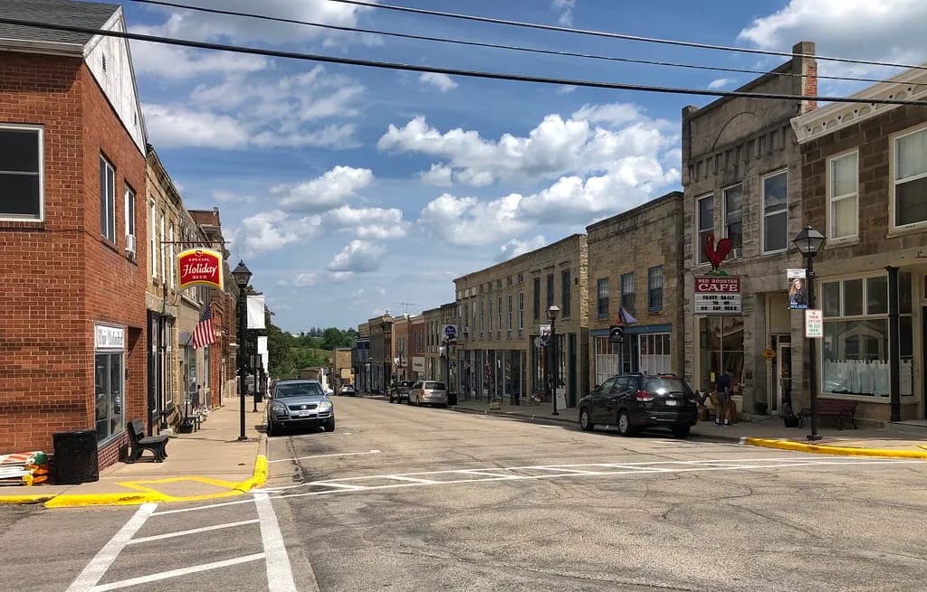Stone and brick storefronts along High Street in Mineral Point, Wisconsin