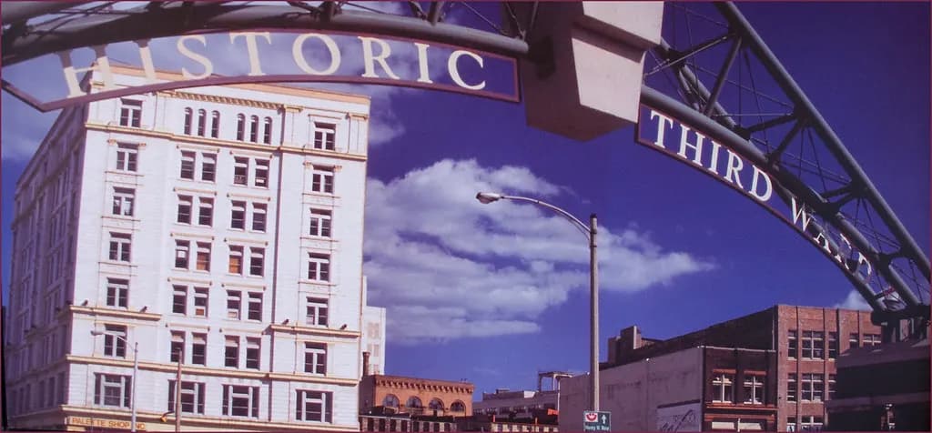 The Historic Third Ward arch in Milwaukee with converted warehouse buildings behind it