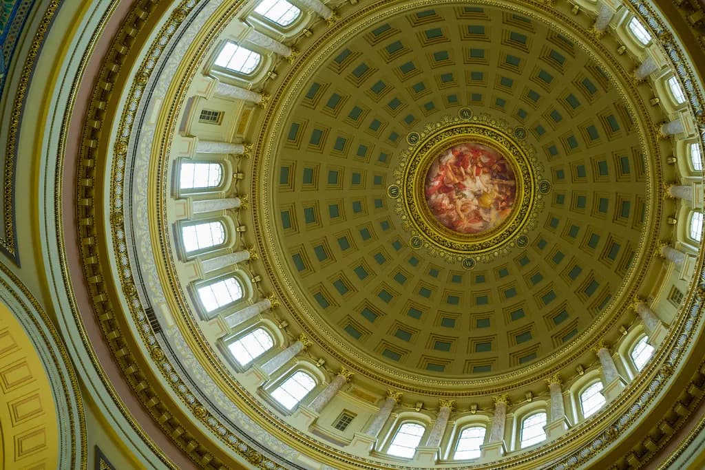 The granite dome of the Wisconsin State Capitol in Madison