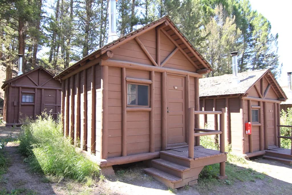 Rustic log guest cabins among pine trees at Roosevelt Lodge in Yellowstone